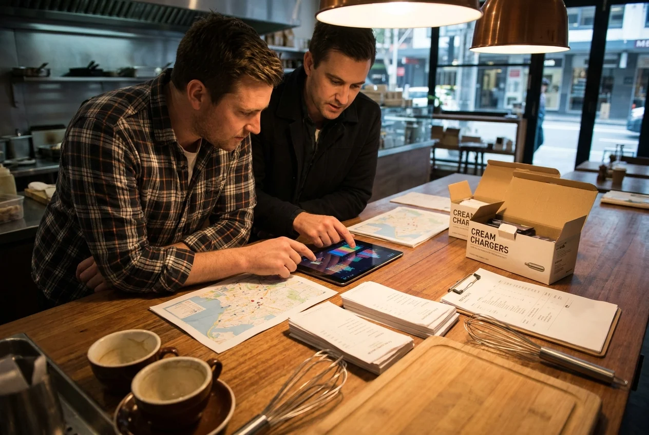 Why Fast 24/7 Nangs Delivery is Essential for Sydney Residents 1 Business owner and delivery operator reviewing maps and inventory in Sydney workspace