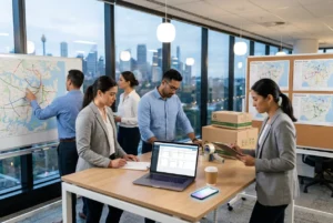 Modern Sydney workspace with professionals planning delivery logistics