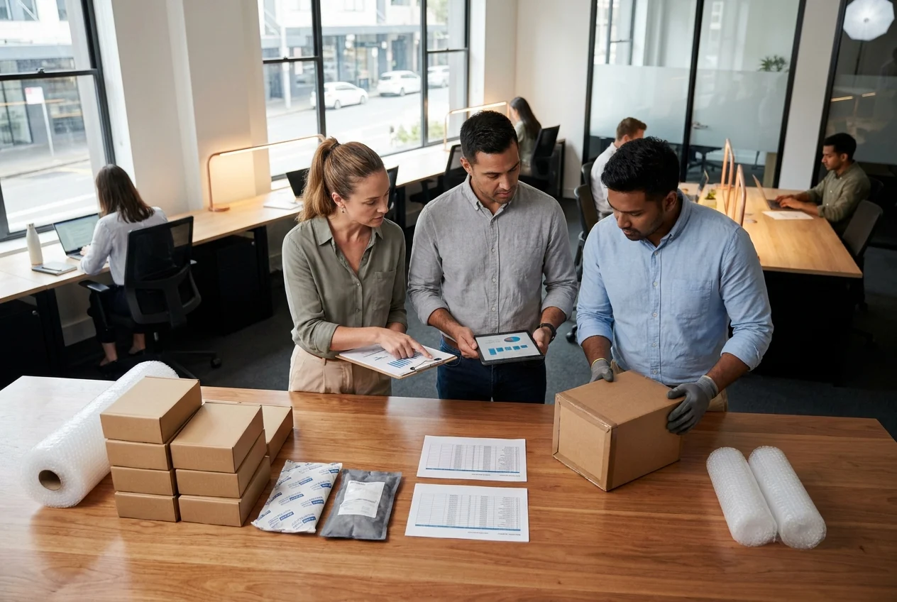 Top Tips for Quick and Easy Nangs Delivery in Sydney 1 Team reviewing delivery strategy with parcels and packaging in Sydney workspace