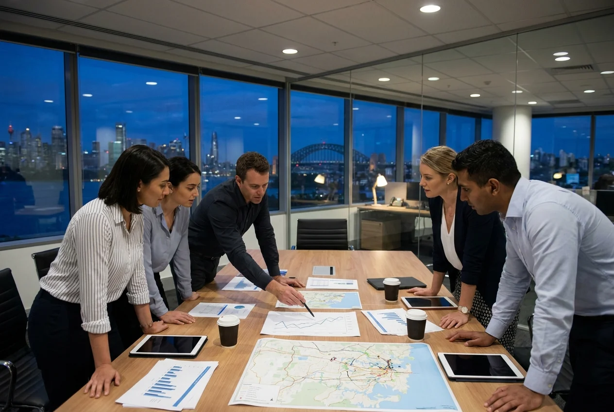 Team analyzing delivery performance with charts and maps in office
