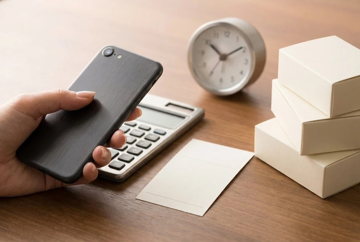 Top Tips for Finding 24/7 Nang Delivery Services in Sydney 1 Hand with smartphone and calculator beside cream charger boxes and clock.