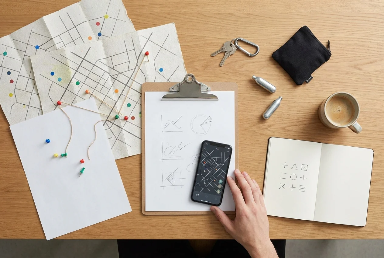 Top-down view of delivery logistics workspace with maps and planning items