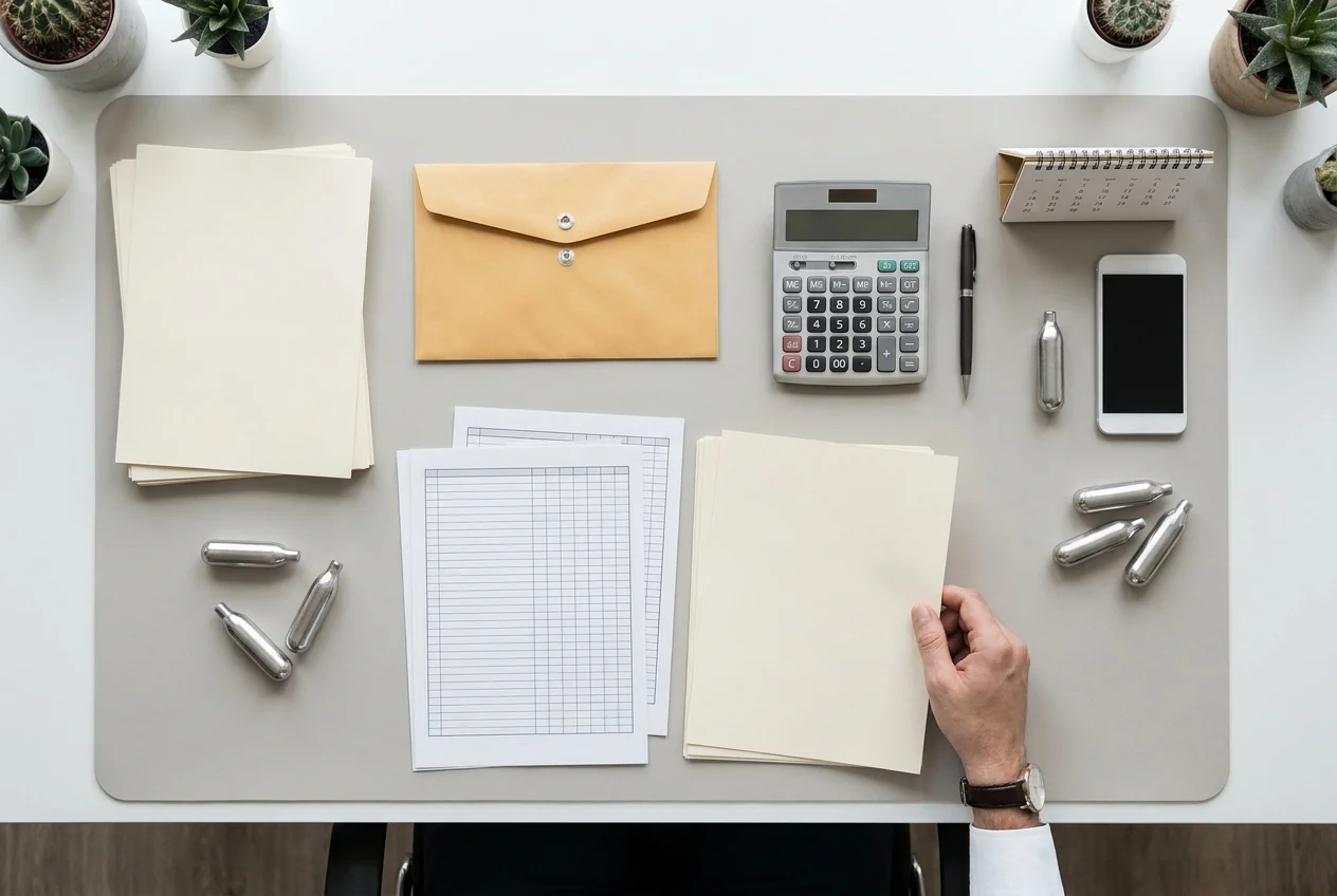 24/7 Nangs Delivery in Sydney: What You Need to Know 1 Organized desk with documents, calculator, cream chargers, and a hand sorting papers