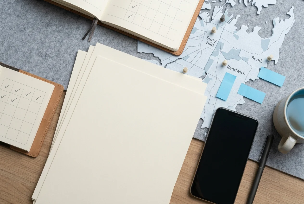 How to Choose the Best Nangs Delivery Service in Sydney 1 Organized workspace with review cards, notebook, smartphone, and Sydney map.
