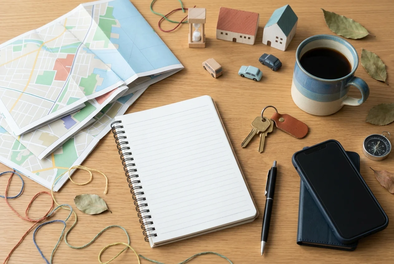 Organized desk with maps, notebook, coffee, and smartphone.