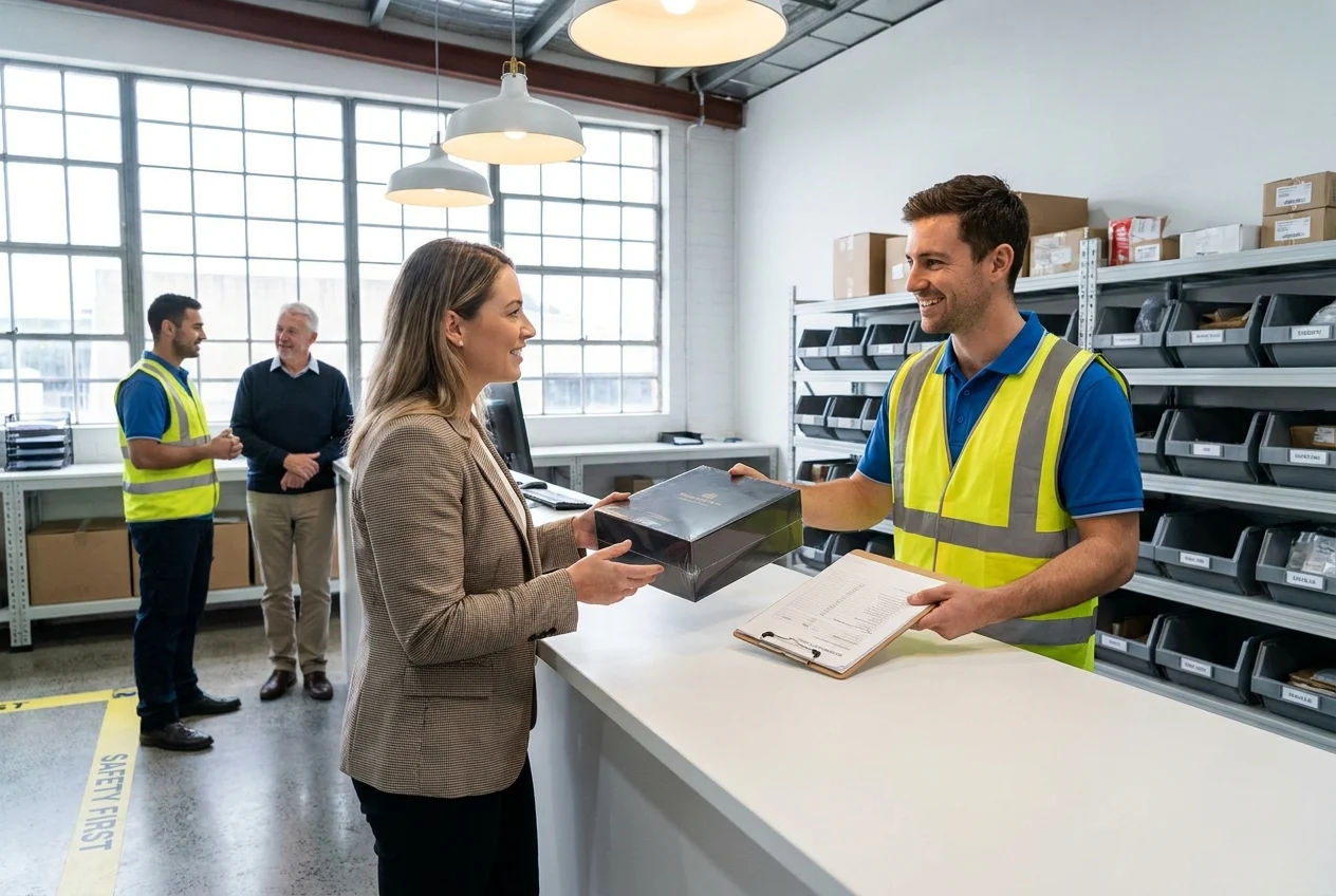 Staff member presents sealed package with safety checklist in delivery space