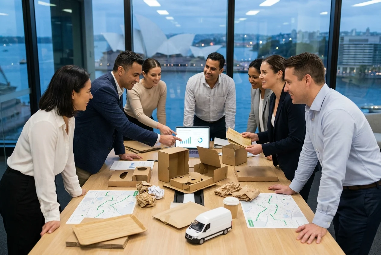 Exploring the Benefits of Premium Cream Chargers Delivery in Sydney 2 Team reviewing eco-friendly delivery materials in a Sydney office