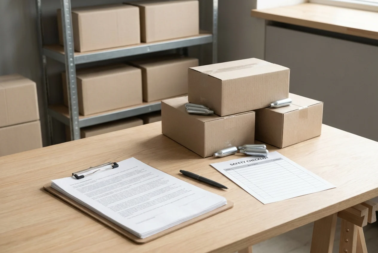 Modern workspace with packages, clipboard, pen, and storage shelves