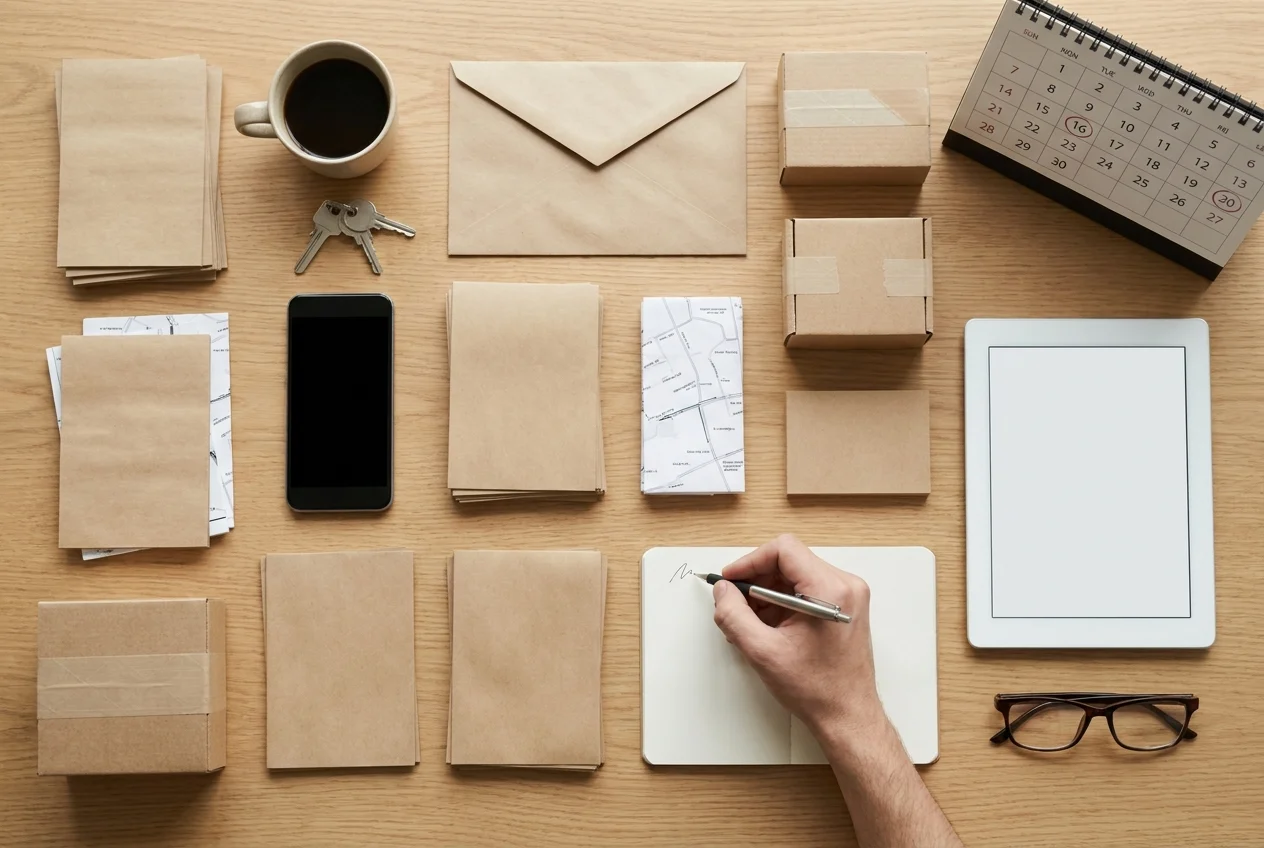 Organized workspace with delivery notes, map, phone, keys, and coffee cup
