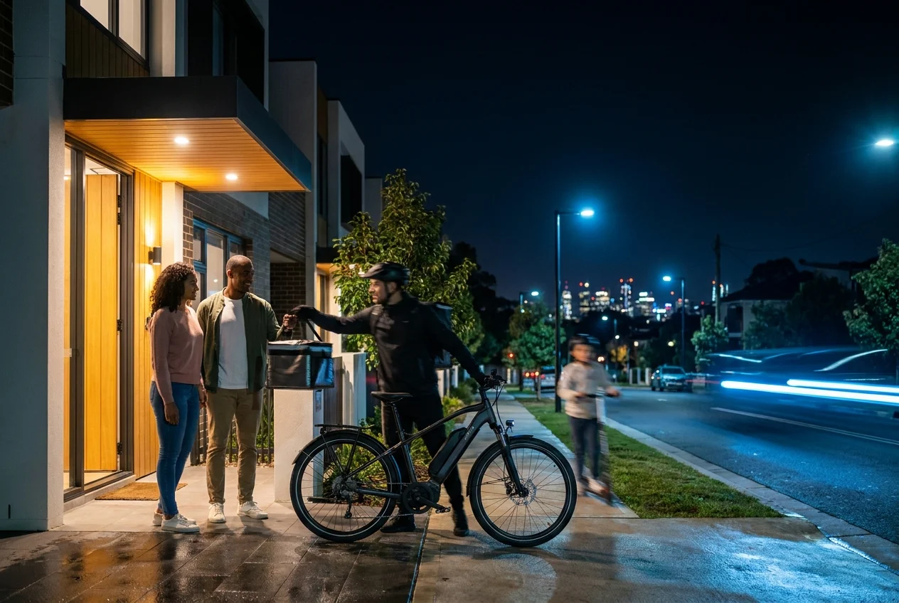 Delivery rider coordinating an order at a suburban townhouse doorstep