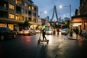 Courier delivering packages on a busy Sydney night street
