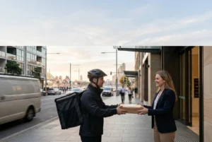 Courier delivering a package to a customer in Sydney