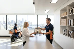 Friendly team member handing a package to a customer