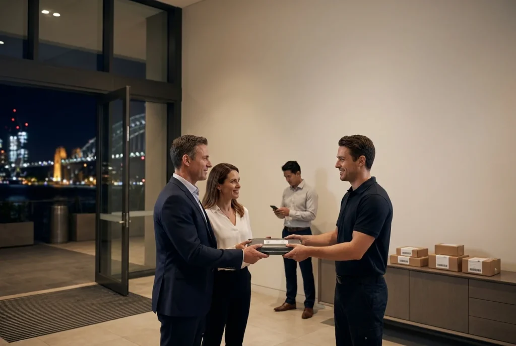 Courier delivering package to adults in Sydney apartment entryway