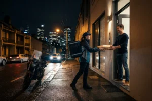 Courier delivering package to customer at Sydney home at night