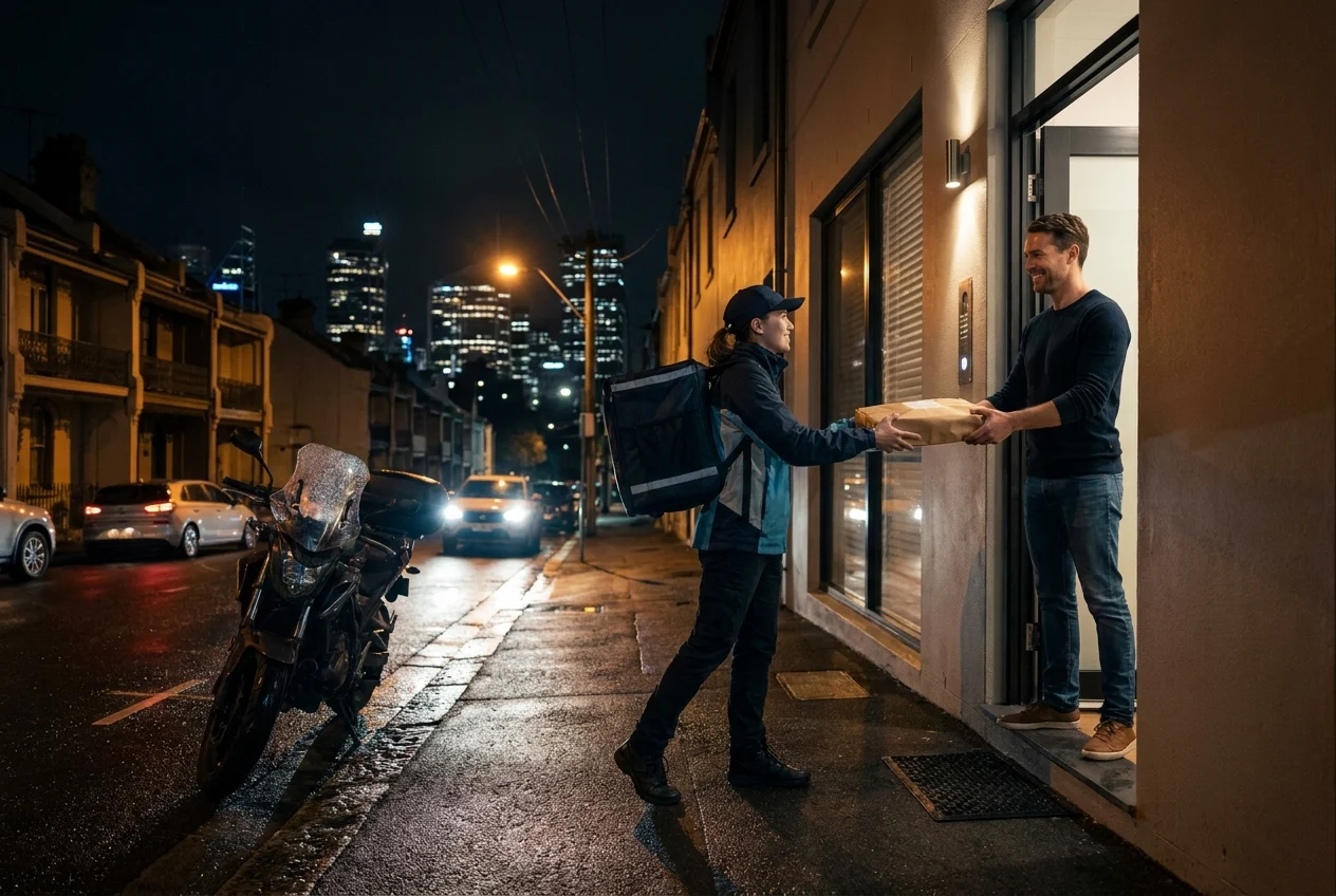 Courier delivering package to customer at Sydney home at night