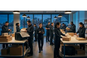 Courier team organizing parcels in a modern dispatch space