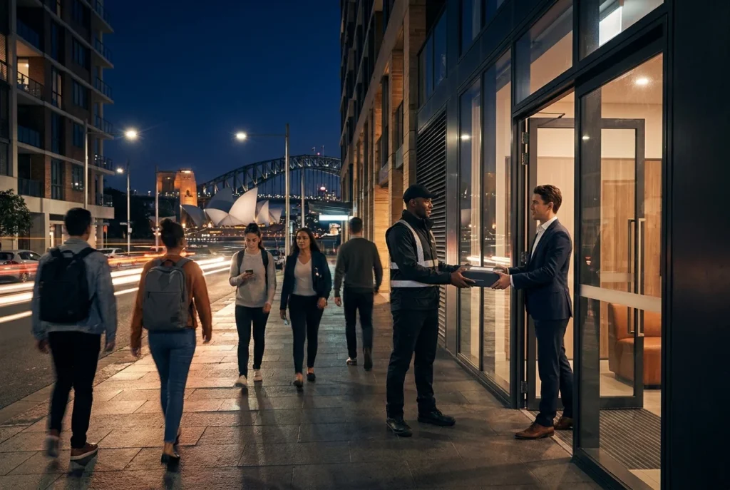 Courier delivering package at modern Sydney apartment entrance at night