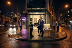 Courier delivering cream chargers at a modern Sydney apartment entrance