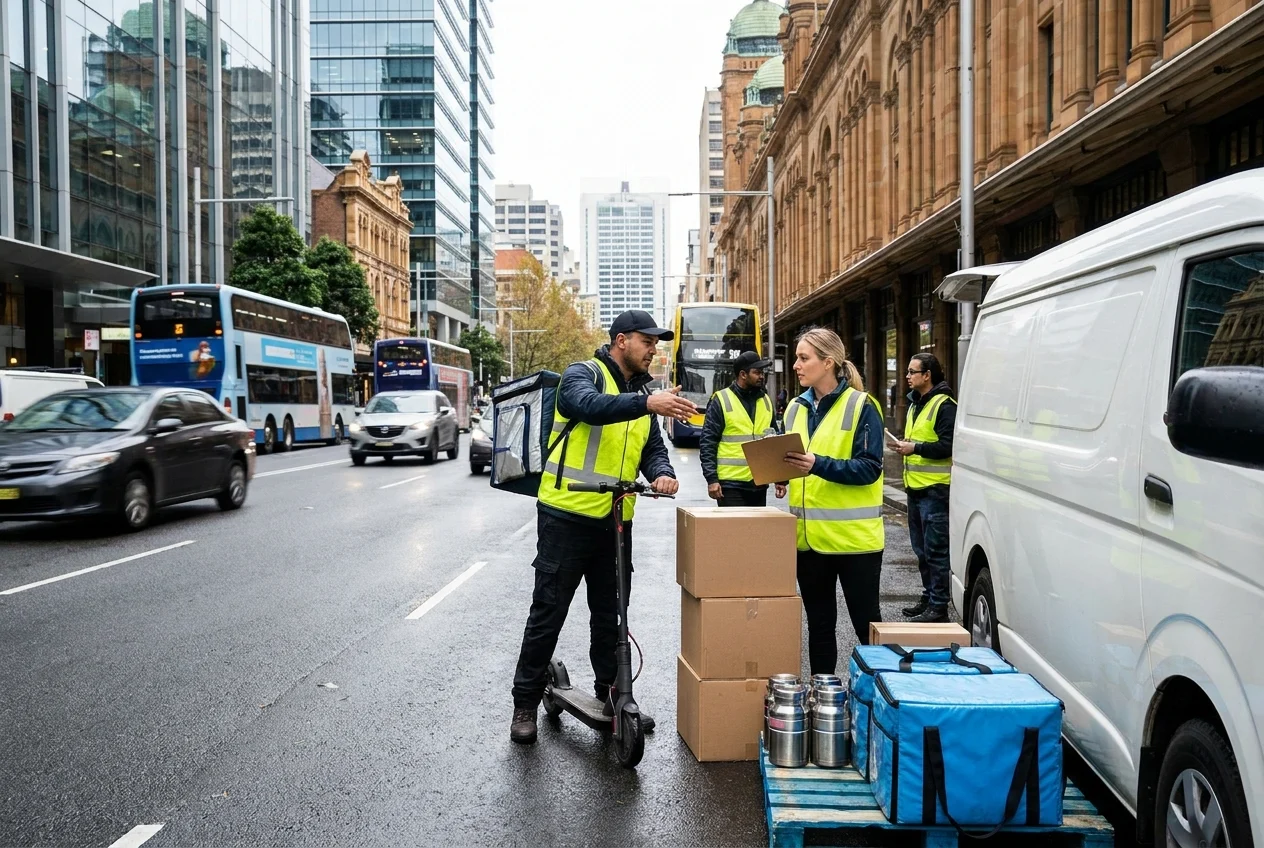 Sydney delivery team coordinating routes beside a van on busy street