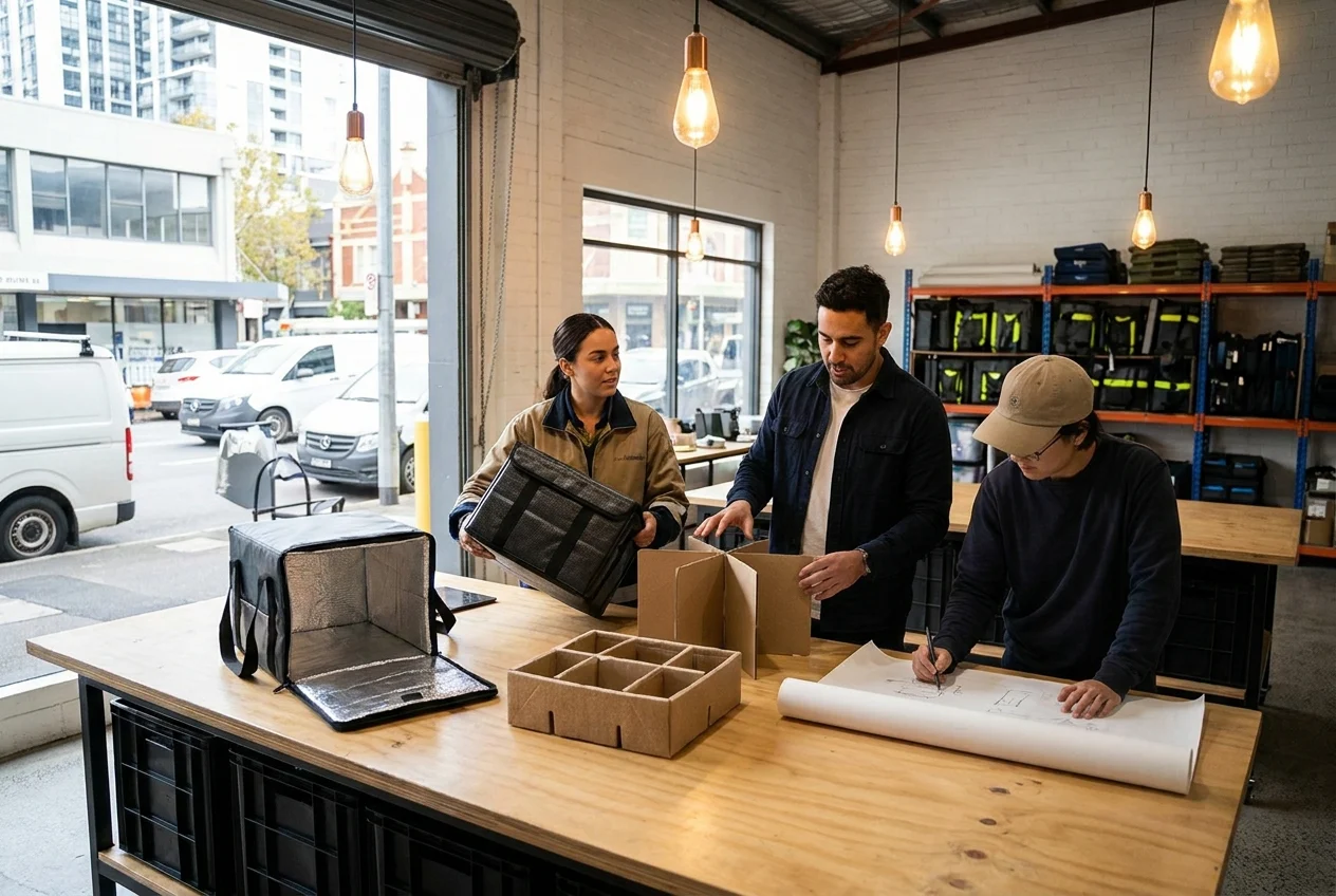 Why Nangs Sydney is the Top Choice for Reliable Cream Charger Delivery 2 Team reviewing packaging prototypes in a modern Sydney warehouse