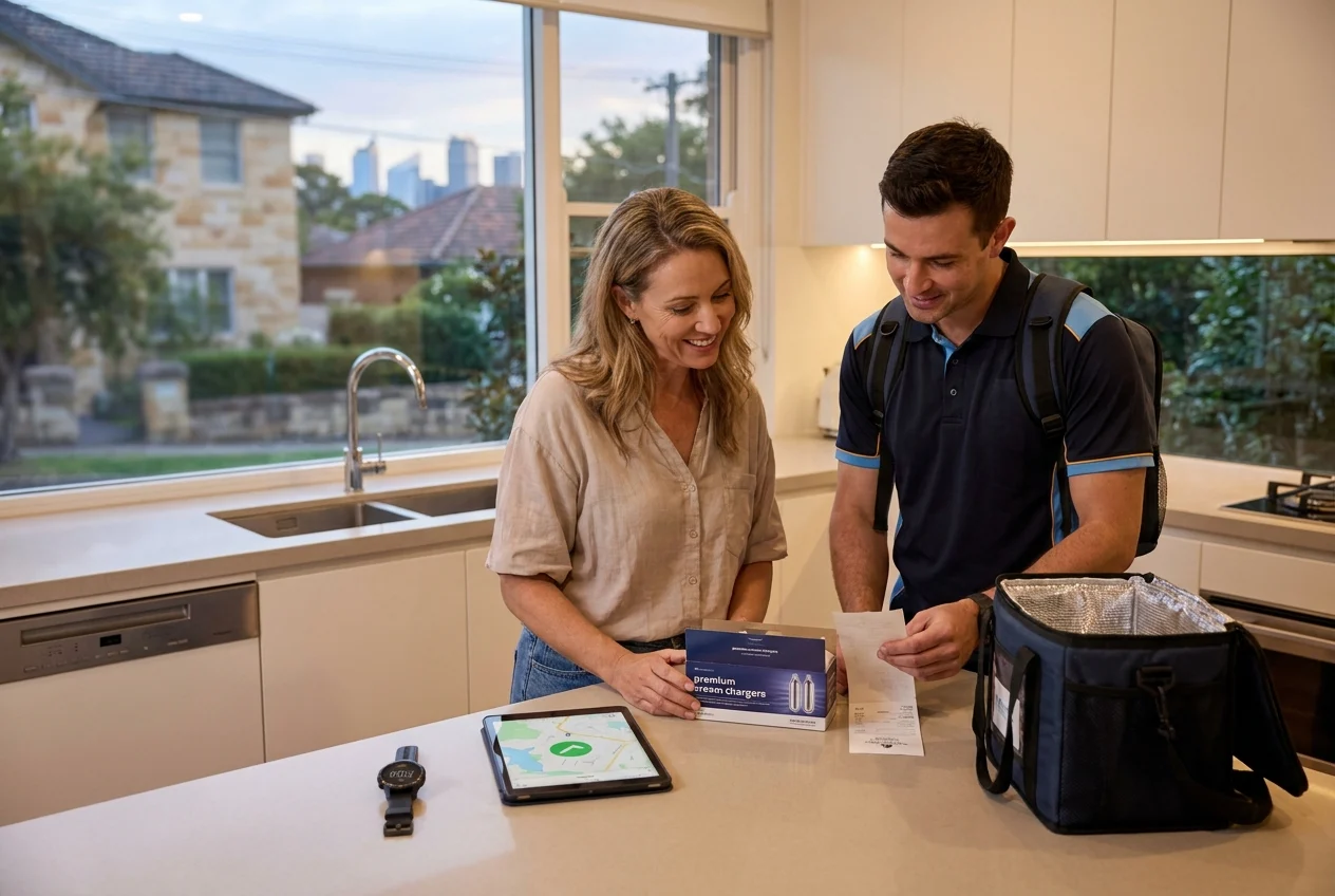 Customer and delivery professional exchanging nangs in a Sydney kitchen.