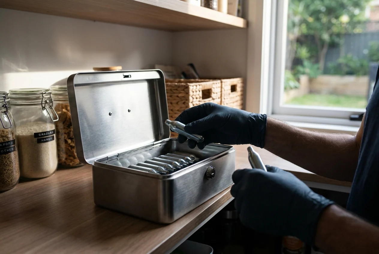 Fast and Reliable Nang Delivery Across Sydney Suburbs 2 Adult organizing cream chargers in a pantry, highlighting safe storage practices
