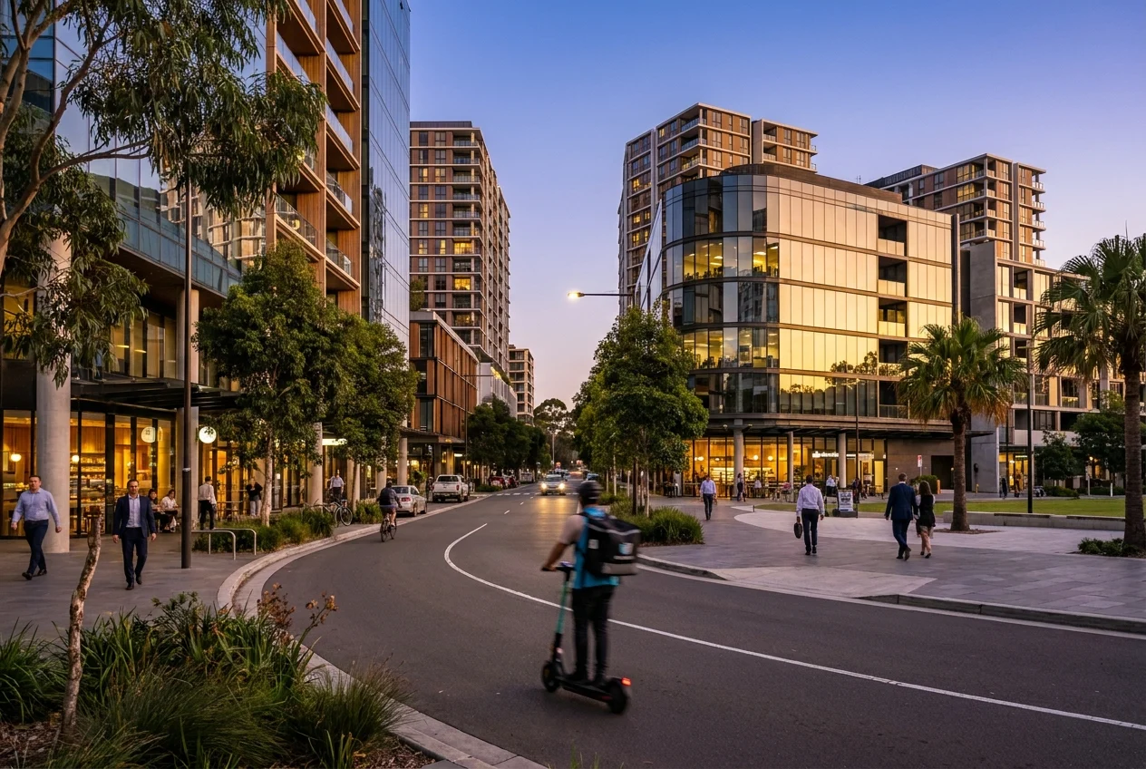 Top Sydney Suburbs for Fast and Reliable Nang Delivery 1 Delivery rider navigating Parramatta street near modern apartments and businesses