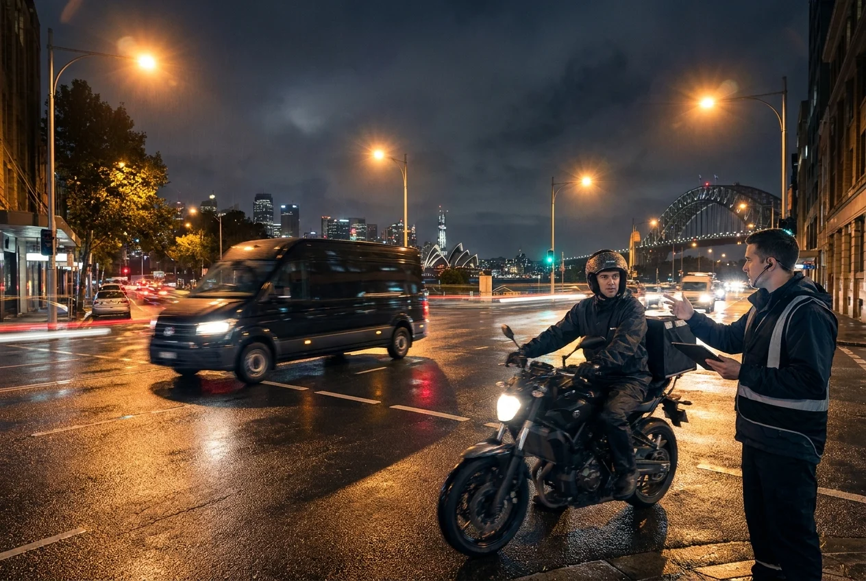 Courier van and rider in Sydney night delivery scene