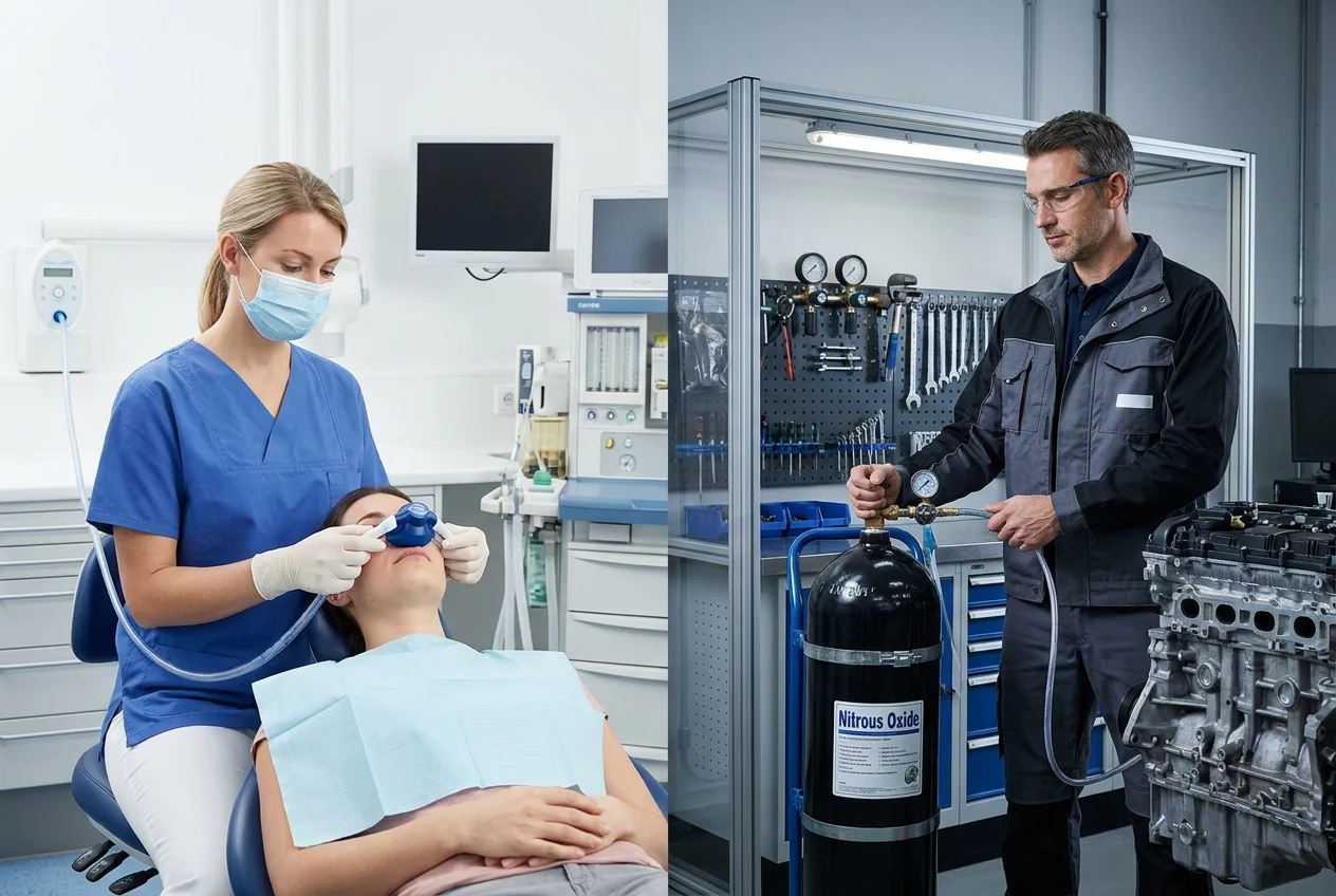 Dental professional and automotive technician in a shared workspace.