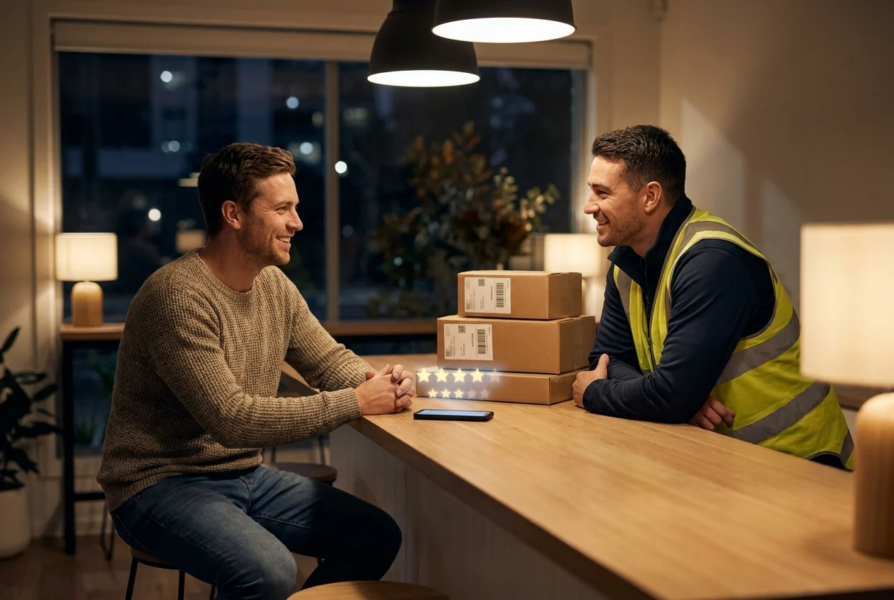 Customer and delivery team member conversing beside sealed packages
