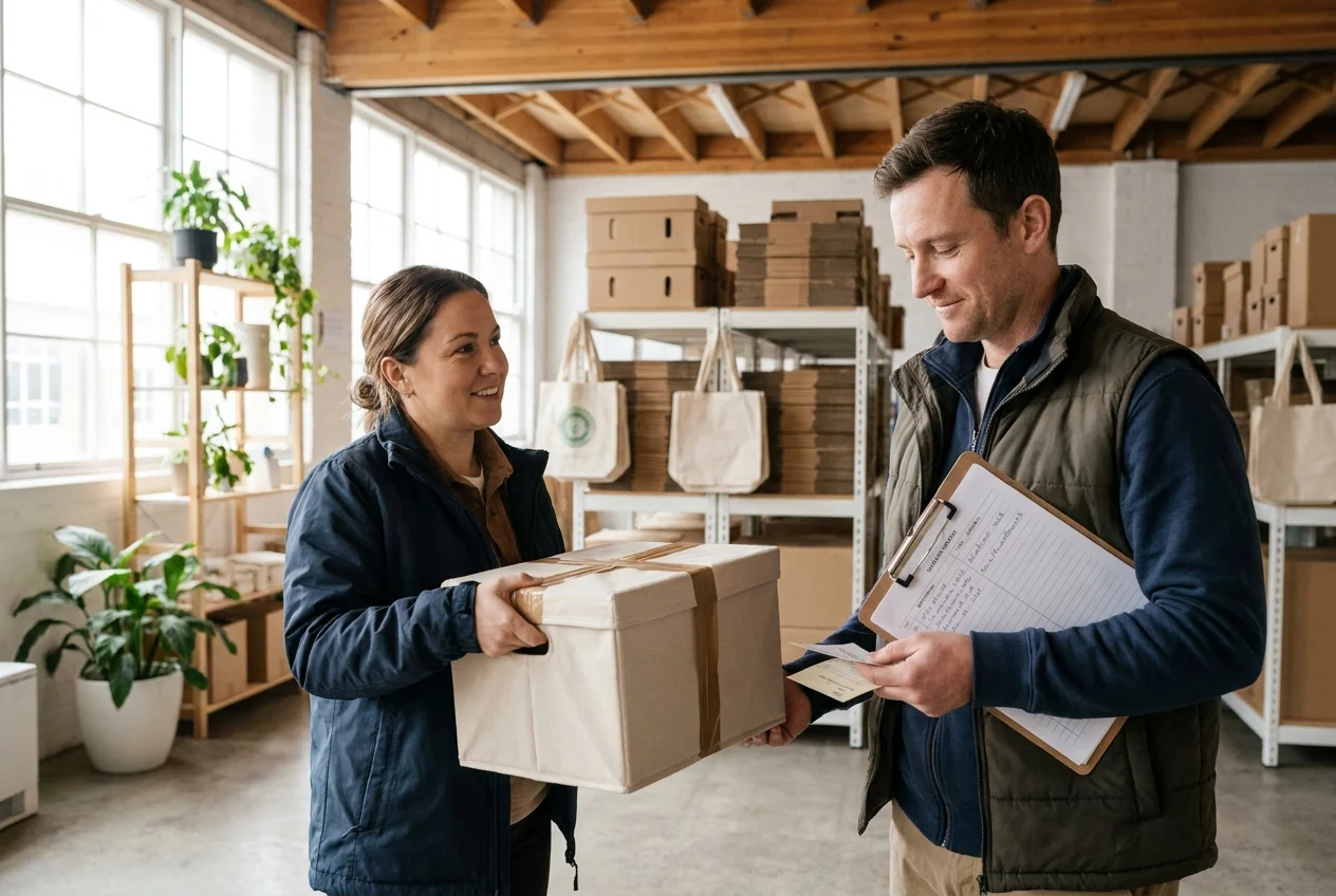Trustworthy delivery team in eco-conscious space with reusable packaging