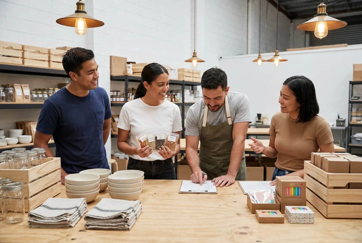 Sydney team discussing products at workbench, showcasing teamwork and planning.