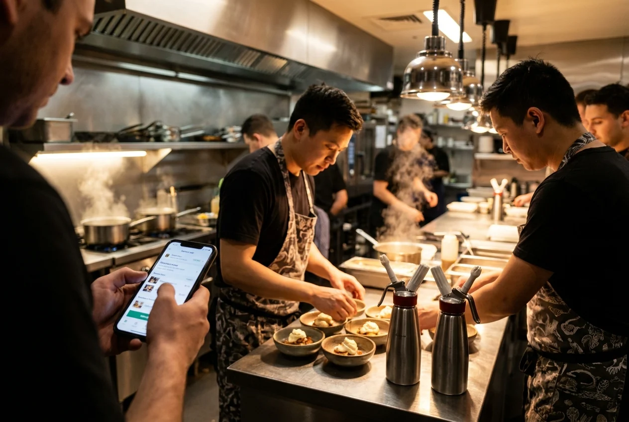 Top Sydney Suburbs for Fast and Reliable Nang Delivery 2 Person coordinating delivery order in busy Sydney hospitality prep space