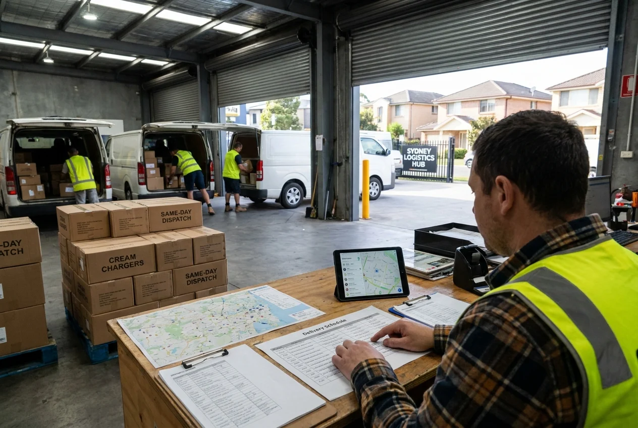 Logistics operator planning cream charger deliveries in a Sydney warehouse