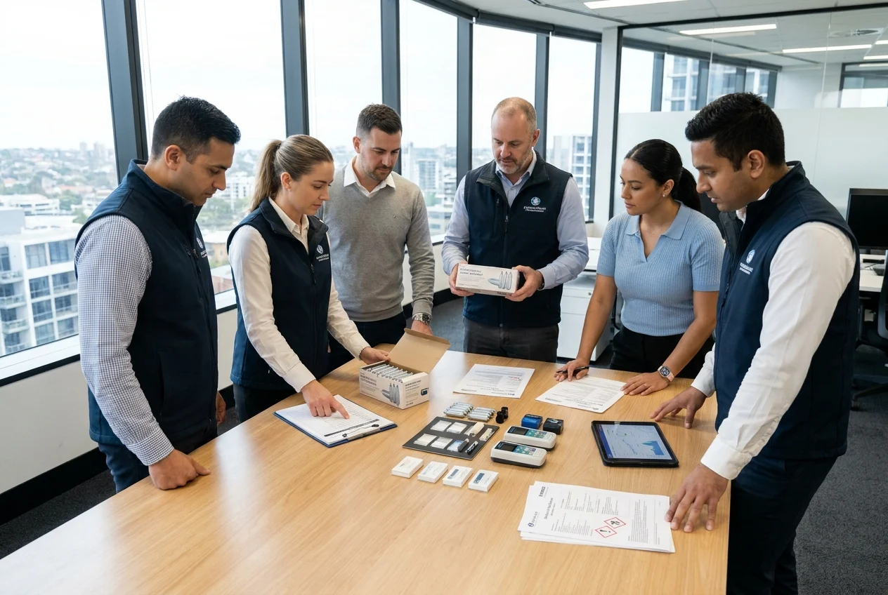 Team reviewing delivery items and documents in a modern Sydney workspace