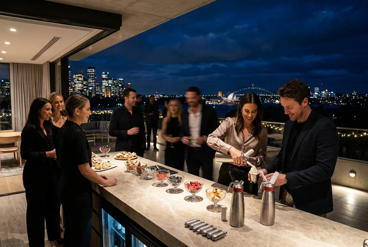 Enhance Your Celebrations with Fast and Trusted Nang Delivery in Sydney 2 Friends preparing desserts at a lively Sydney rooftop event.