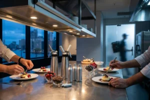 Late-night kitchen scene with cream chargers and dessert preparation
