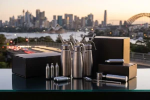 Assorted cream chargers and accessories on a reflective surface