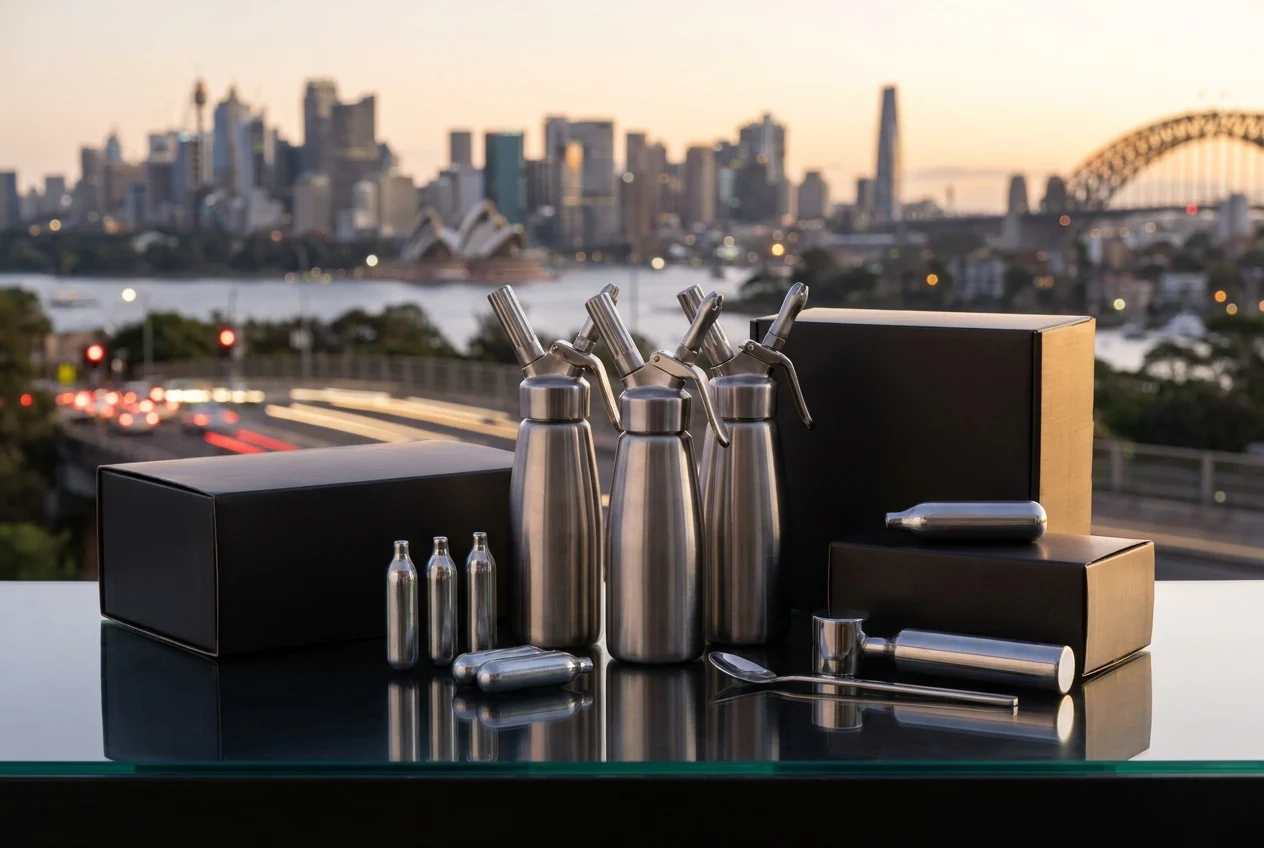 Assorted cream chargers and accessories on a reflective surface