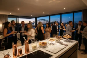 Sydney apartment party with harbour view and culinary preparations