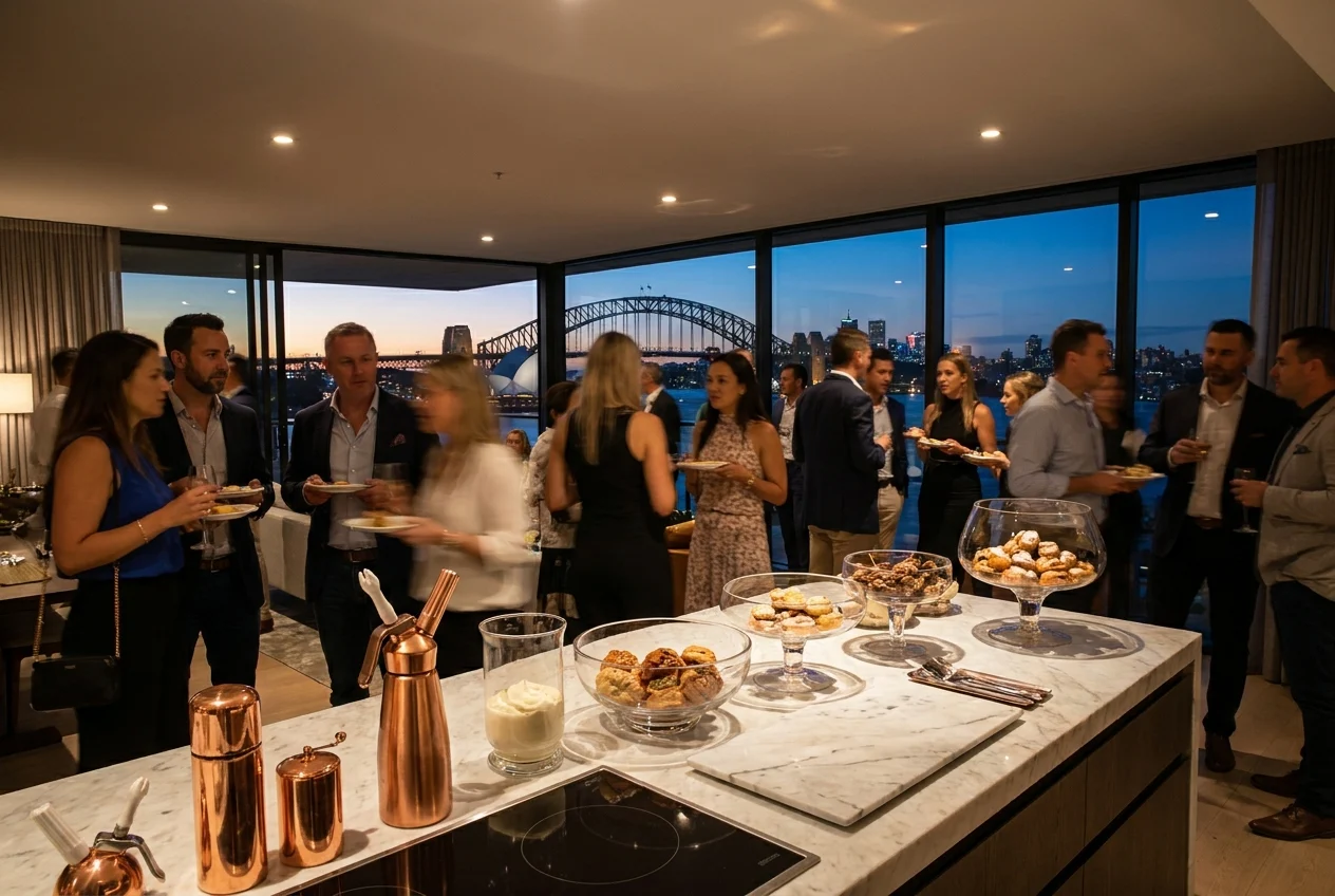 Sydney apartment party with harbour view and culinary preparations