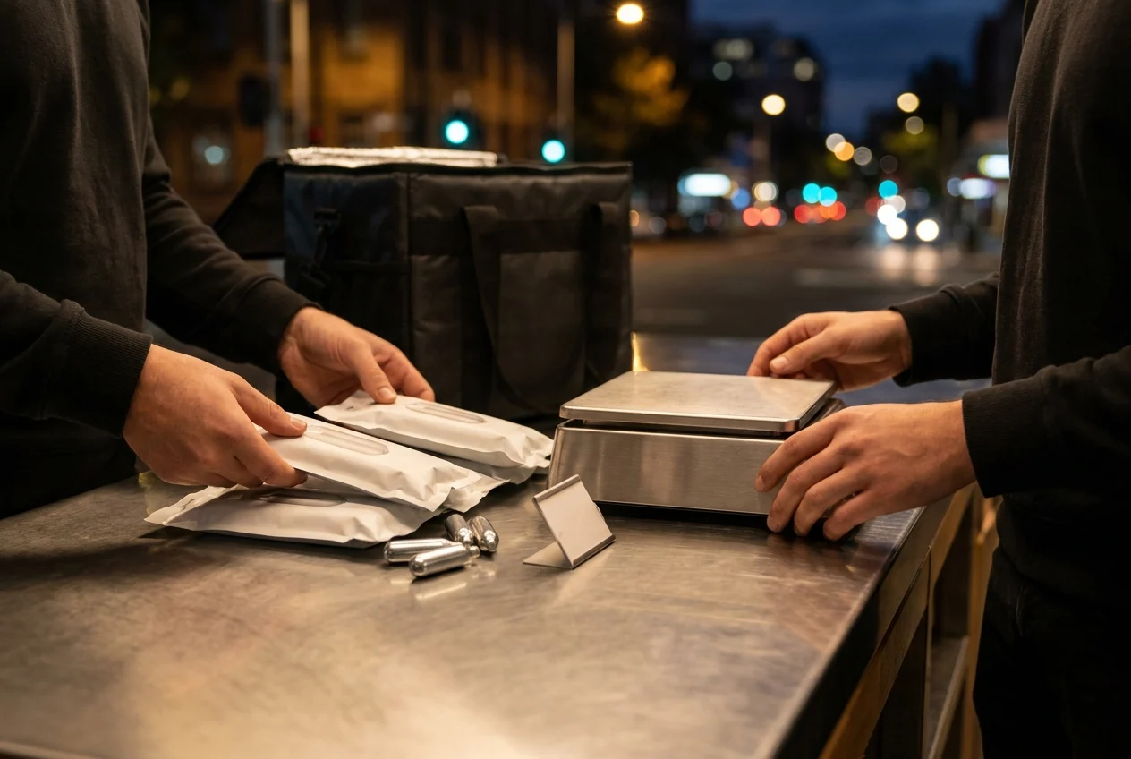 Hands arranging cream chargers on counter with city lights in background