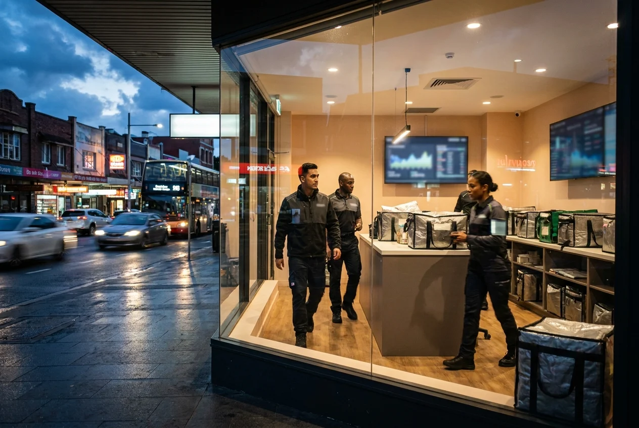 Maximizing Convenience with Same-Day and Late-Night Nangs Services 1 Delivery team in Sydney's late-night district with bustling urban energy