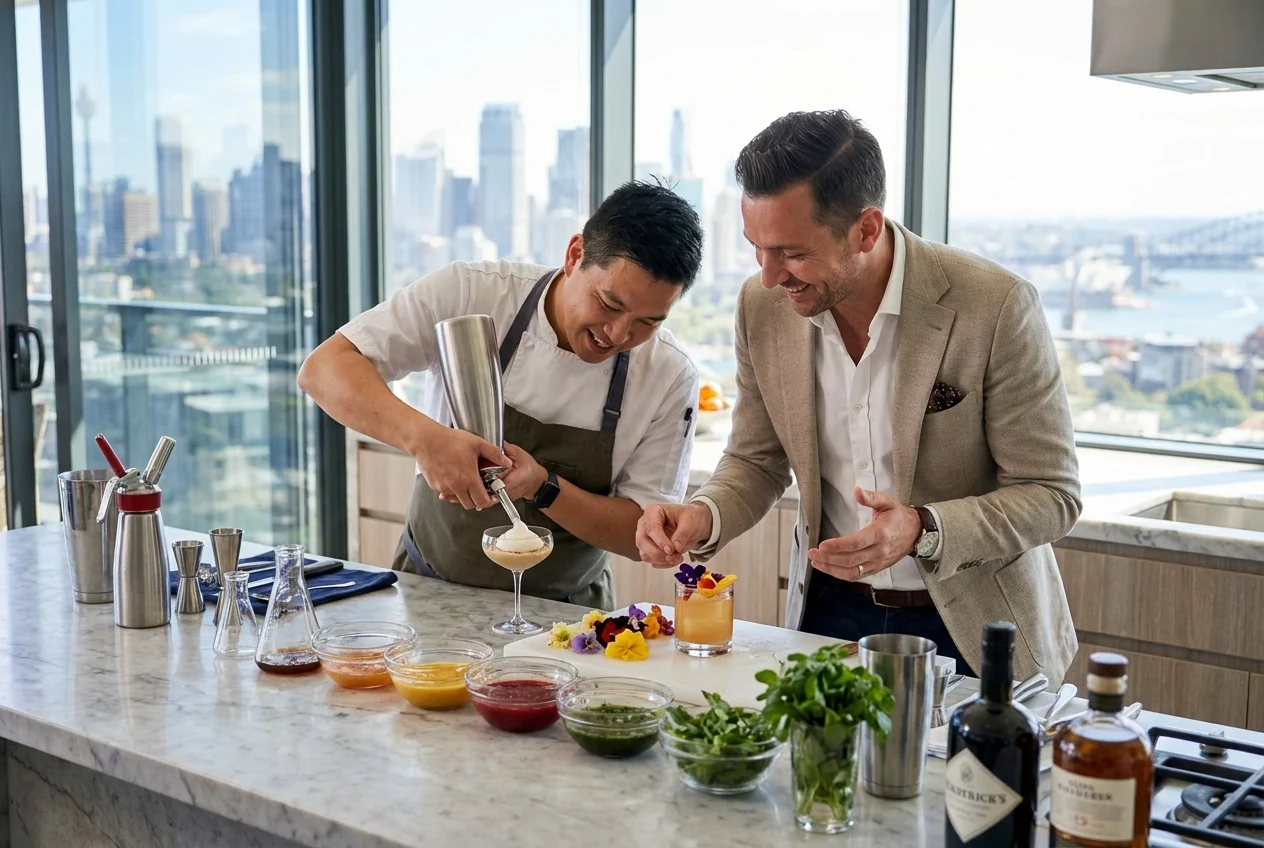 Chef using cream chargers in modern Sydney kitchen, creating elegant desserts