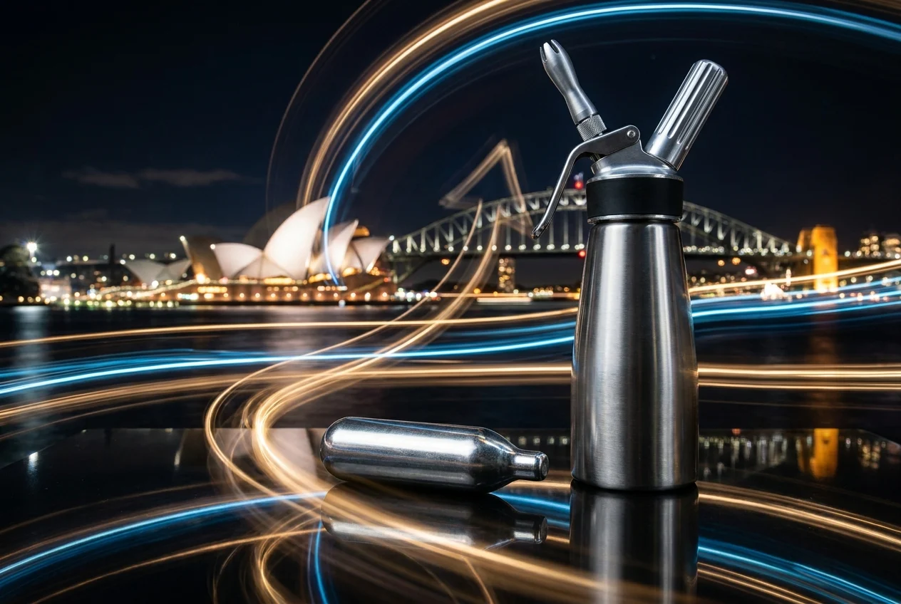 Cream charger and dispenser with dynamic light trails on reflective surface