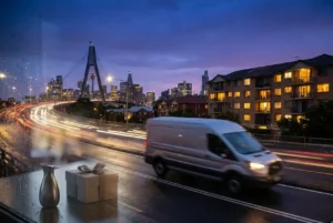 Courier vehicle moving through Sydney's illuminated city streets at night