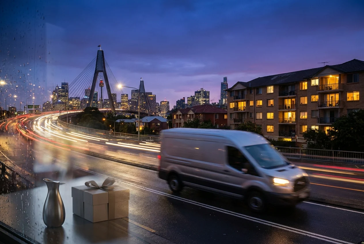 Courier vehicle moving through Sydney's illuminated city streets at night