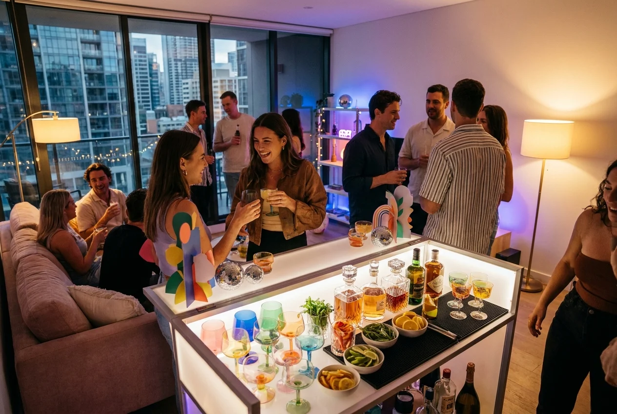 Guests mingling at a stylish Sydney apartment party with colorful props