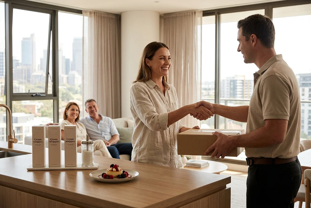 Enhance Your Celebrations with Fast and Trusted Nang Delivery in Sydney 1 Customer and delivery driver exchanging package in stylish Sydney home.